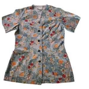 Feminine Autumn/Fall Floral 100% Cotton Buttons Tie Back Scrub Top 36-in Bust XS